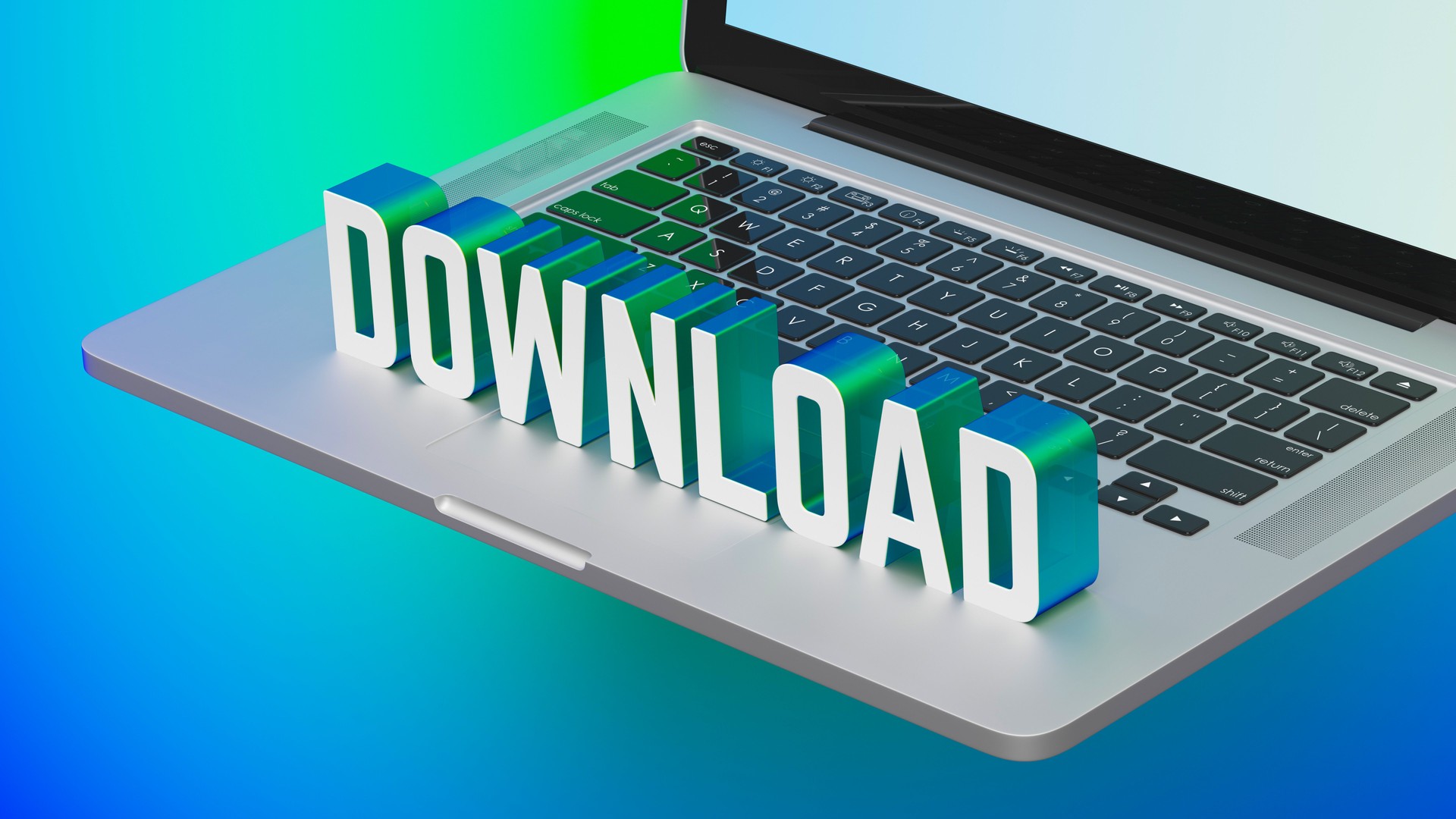 Diagonal 3D Laptop with "DOWNLOAD" Text in Bold Minimalist Design, 3D Rendering