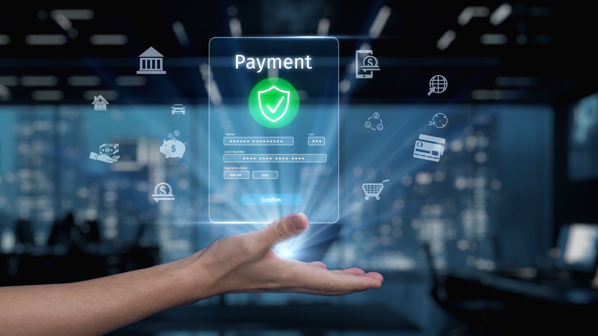 Futuristic Digital Payment Concept with Holographic Interface and Secure Transaction Symbol Over City Skyline Background at Night. Auvana